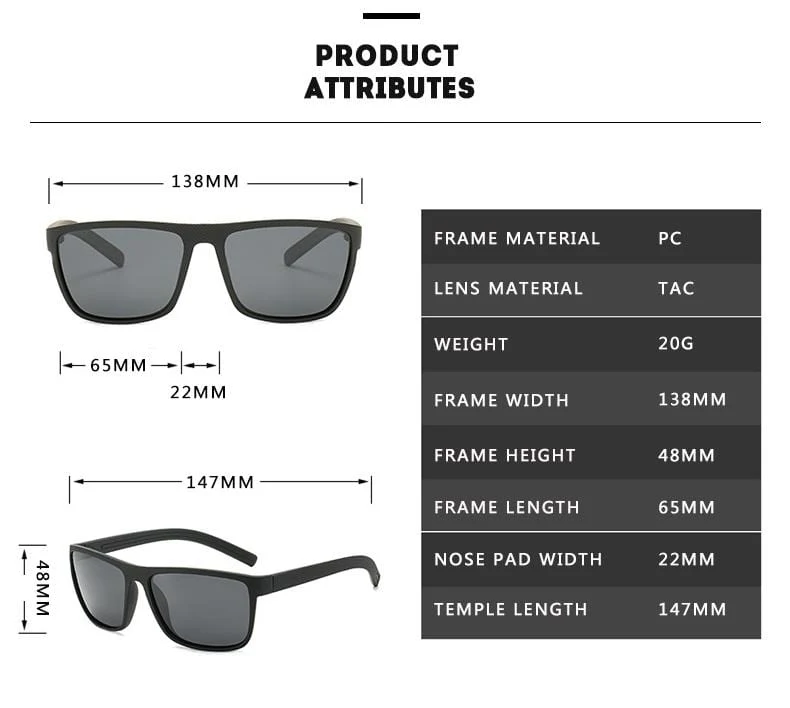 Polarisierte Sonnenbrille für Männer Kunststoff Oculos de Sol Herrenmode Square Driving Eyewear Travel Sun Glass