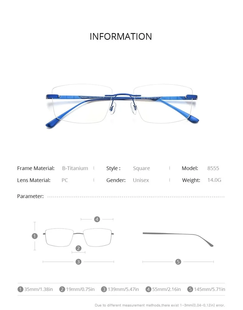 Titan Brille Rahmen Männer Randlos Verschreibungspflichtige Quadrat Brille 2021 Frauen Rahmenlose Myopie Optische Brille 8555