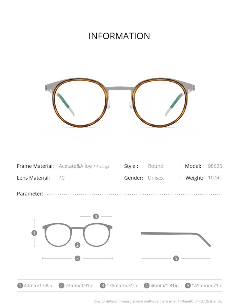 Brillengestell aus Acetatlegierung für Herren und Damen, Vintage, rund, Myopie, optische Rahmen, Korrekturbrille, schraubenlose Brillen 98625