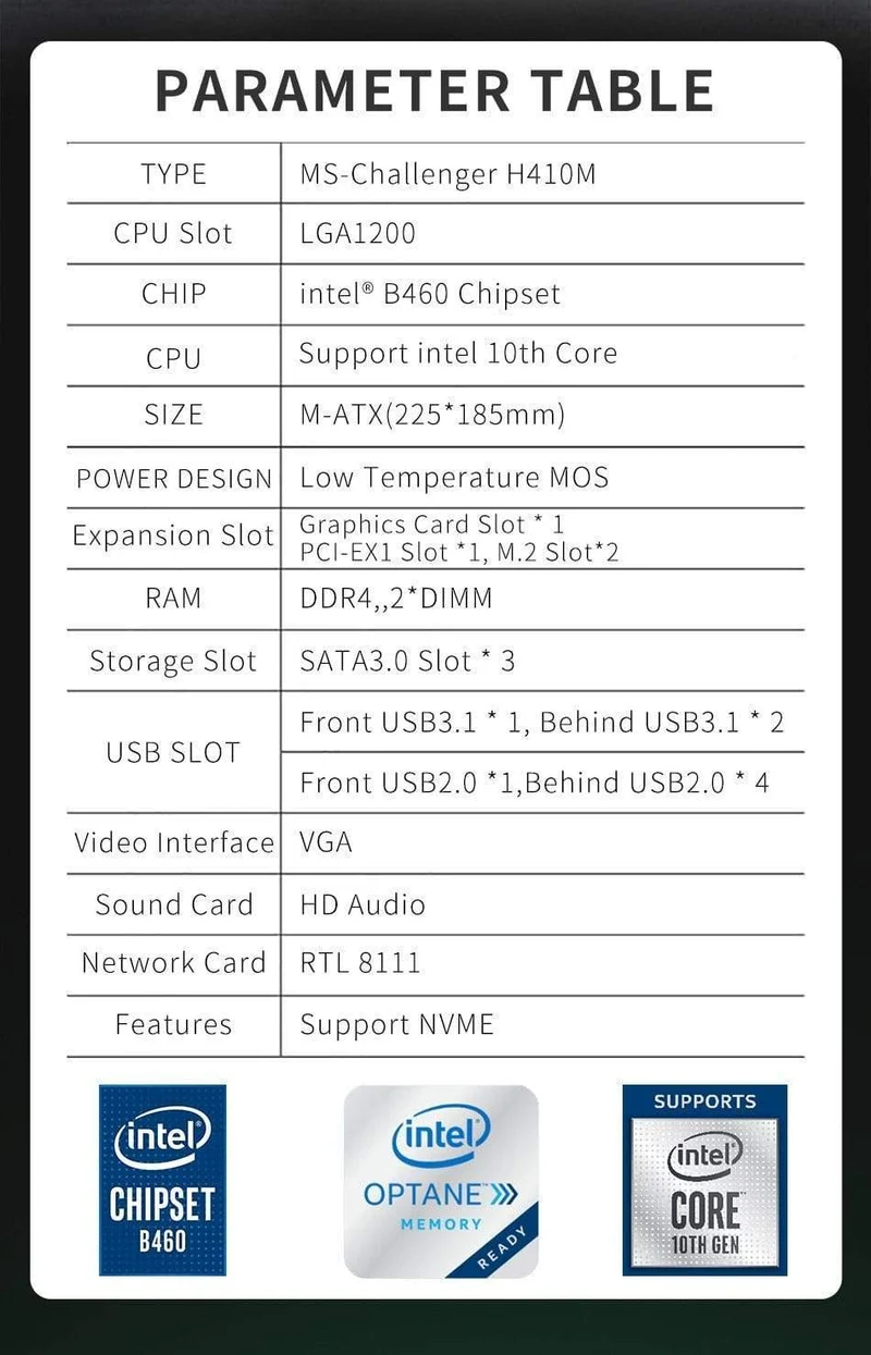 Motherboard Challenger H410M USB3.1 LGA1200 M-ATX SATA 3.0 PCI-E NVME-Unterstützung Intel 10th Core Dual Channel DDR4
