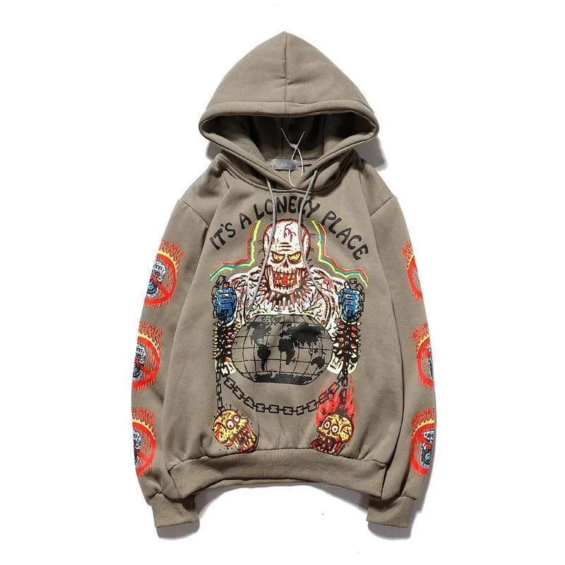 Fleece-Sweatshirt mit Totenkopf-Graffiti-Motiv für Herren, Übergröße, Harajuku, lockere, lässige Paar-Hoodies, Stranger Things-Kapuzenpullover