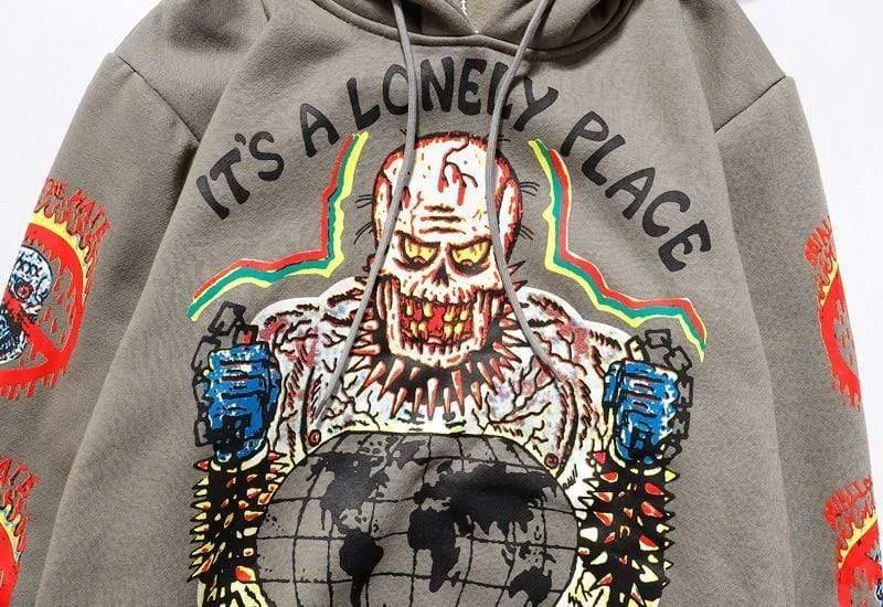 Fleece-Sweatshirt mit Totenkopf-Graffiti-Motiv für Herren, Übergröße, Harajuku, lockere, lässige Paar-Hoodies, Stranger Things-Kapuzenpullover