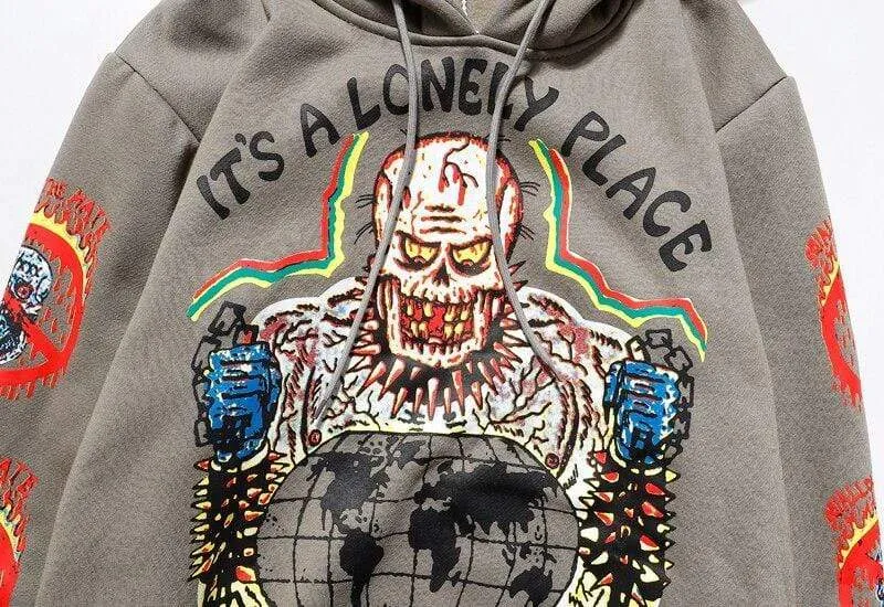 Fleece-Sweatshirt mit Totenkopf-Graffiti-Motiv für Herren, Übergröße, Harajuku, lockere, lässige Paar-Hoodies, Stranger Things-Kapuzenpullover