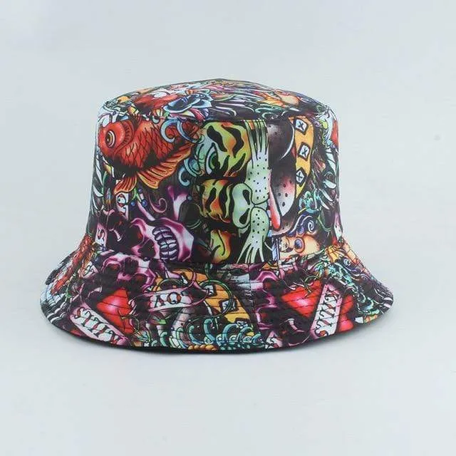 Herren Damen Fischerhut Vintage Print Panama Bucket Hat Reversible Bob Chapeau Femme Retro Hip Hop Cap Gorros
