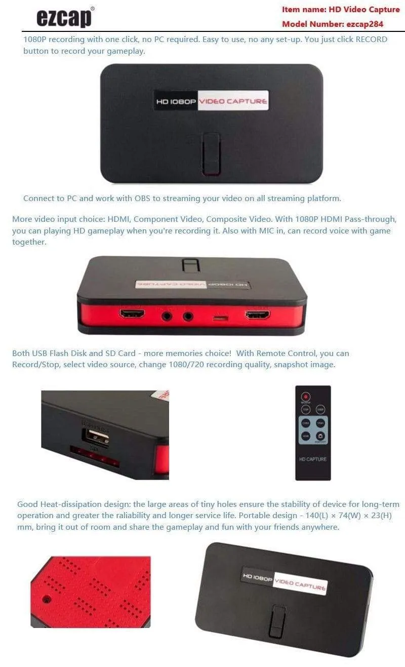 EZCAP 284 1080P HDMI-kompatibles Spiel HD Video Capture Box Grabber für XBOX PS3 PS4 TV Medical Online