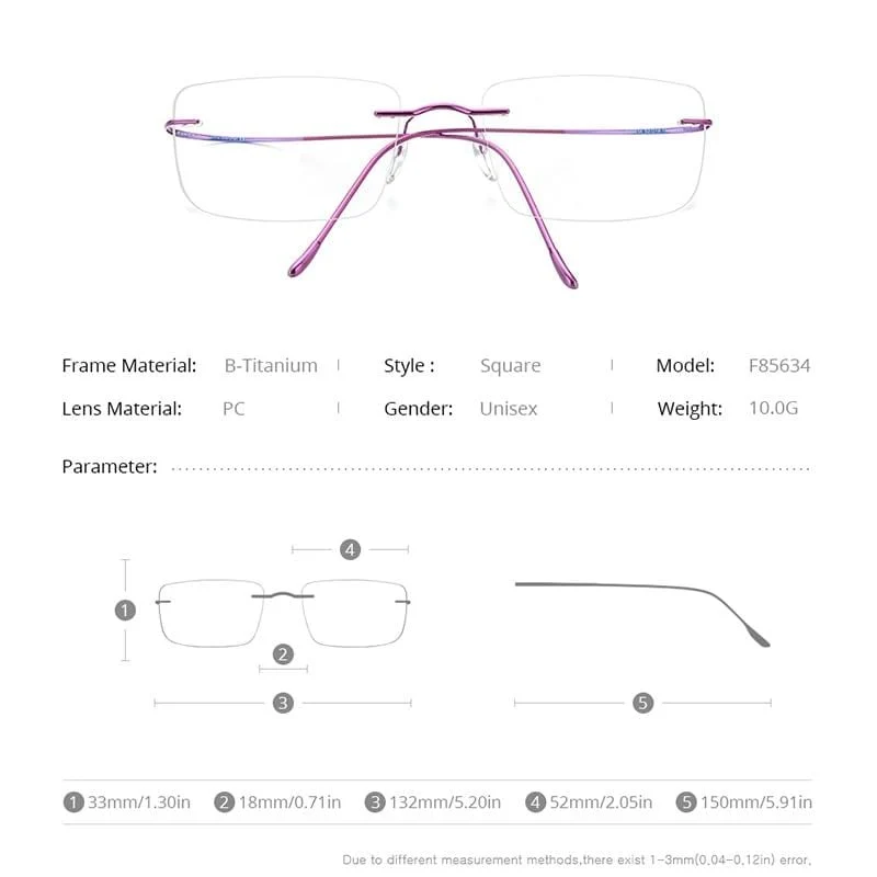 Titan Brillenrahmen Männer 2020 Frauen Randlose verschreibungspflichtige quadratische Brillenfassungen Myopia Optical Korean Eyewear F85634