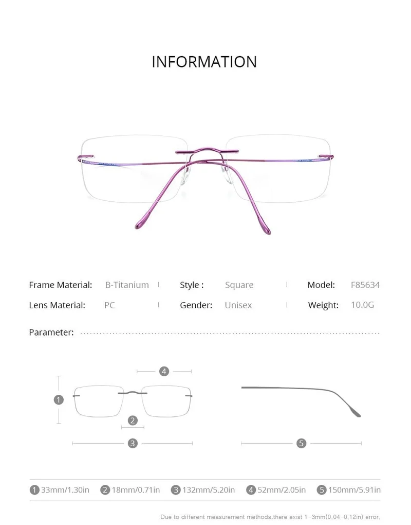 Titan Brillenrahmen Männer 2020 Frauen Randlose verschreibungspflichtige quadratische Brillenfassungen Myopia Optical Korean Eyewear F85634