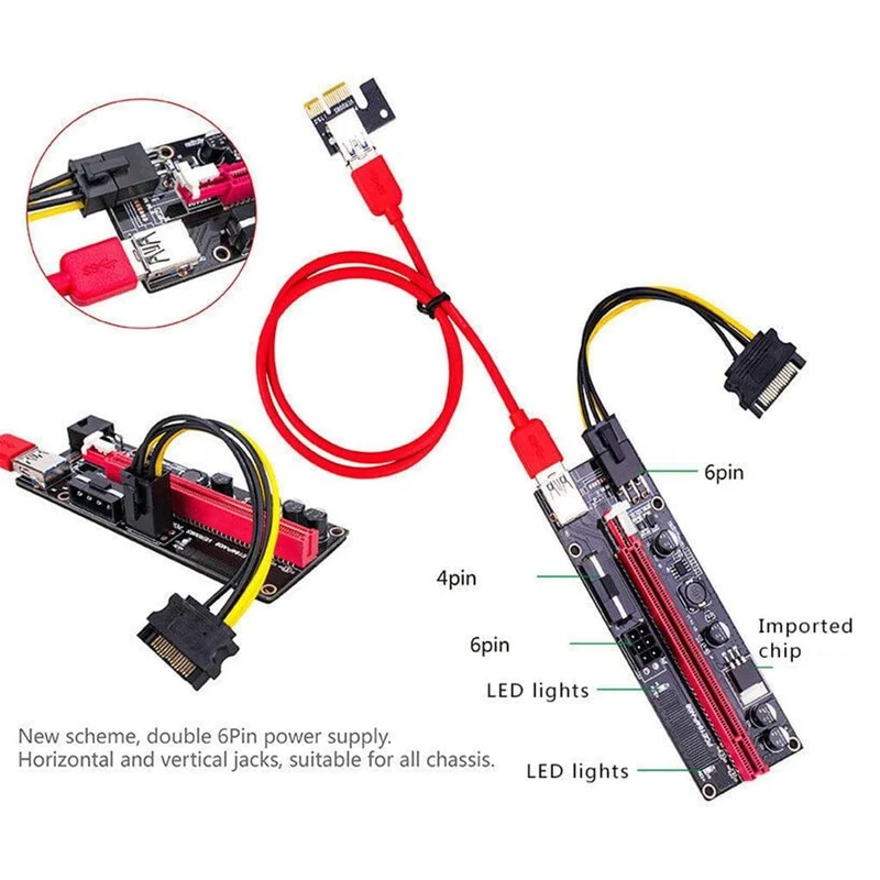 5 Teile/los PCI-E Riser Board USB 3.0 Pci-E Riser Ver 009S Express 16X Extender Riser Adapter Karte Sata 15 zu 6 Pin Power Kabel