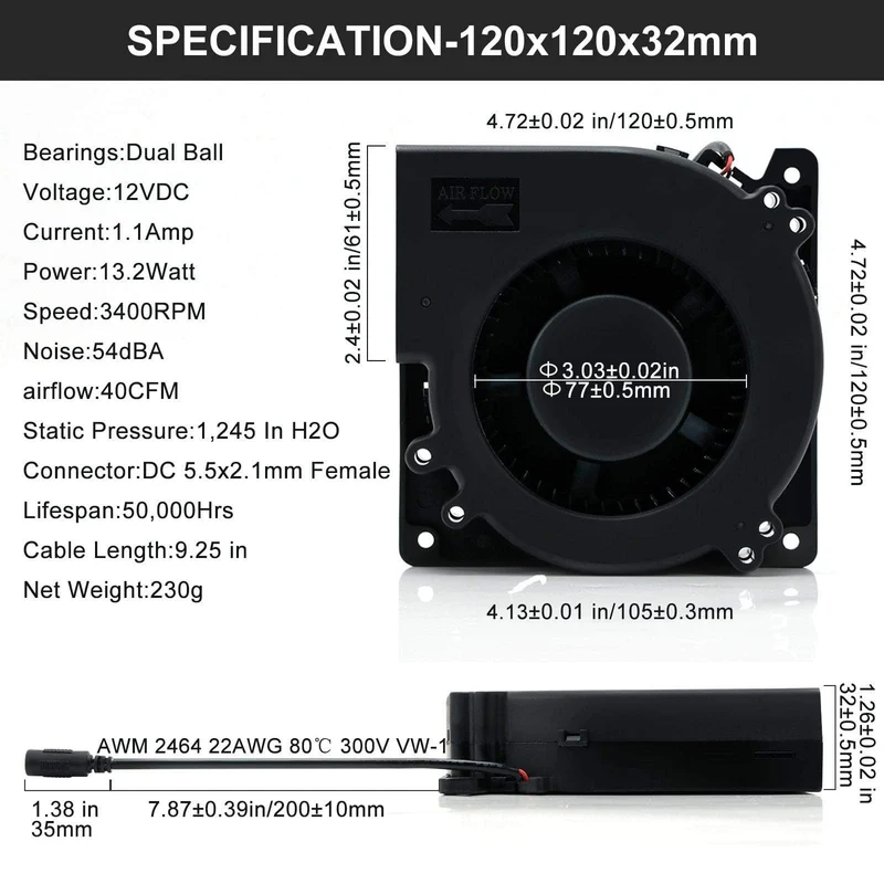 120 mm AC Computer Lüftergebläse 12 cm 120 x 120 x 32 mm 12032 Fliehkraft mit 120 V, 220 V bis 3 V - 12 V, 2 A mit Drehzahlregler für Wachstumszelt