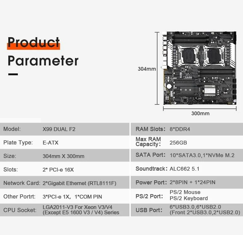 X99 Dual CPU Motherboard Intel Xeon LGA 2011-3 E5 V3 V4 CPU 8 DDR4 Steckplätze ECC REG M.2 NVME USB3.0 E-ATX Server Mainboard