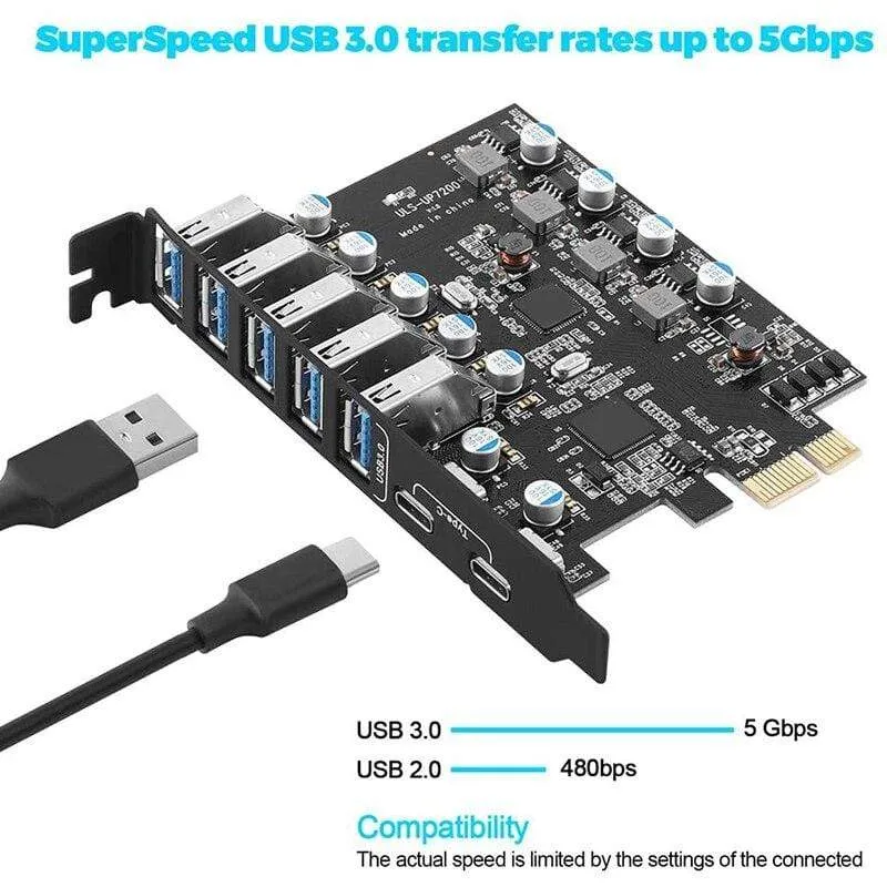 PCI-E zu USB 3.0 7-Port-Erweiterungskarte, PCI Express USB 3.2 Add-In-Karte, interner USB3-Hub-Konverter für Desktop-PC