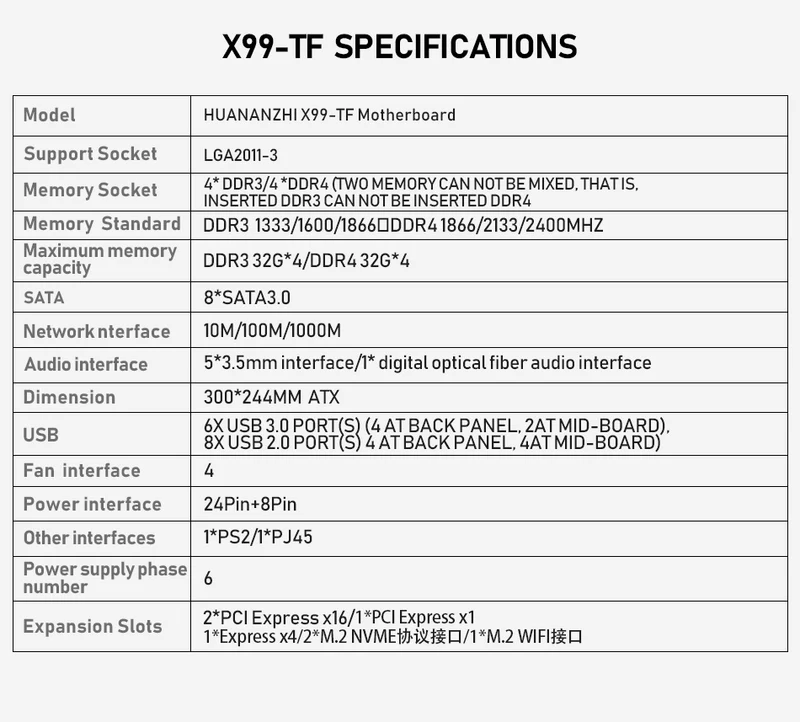 X99 TF Motherboard Combo Kit Set CPU Intel XEON E5 2678 V3 Speicher 4*8G DDR3 RECC 1600 Speicher M.2 NVME USB3.0 ATX