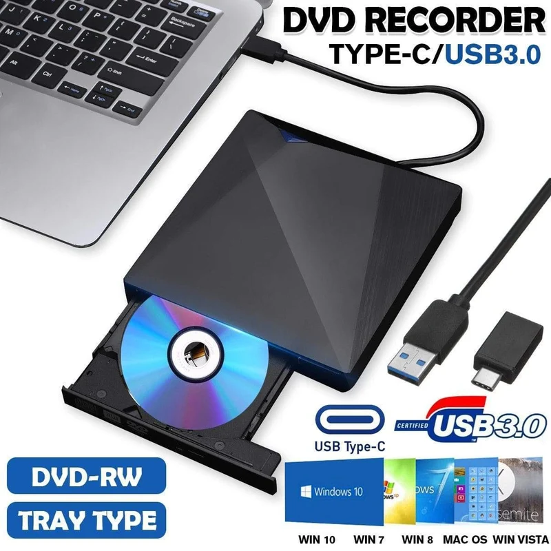 Typ-C/USB3.0 Hochgeschwindigkeits-externes CD-DVD-Laufwerk, 4K-3D-Player-Recorder für Mac, Windows-Laptop, PC, tragbares BD/CD/DVD-Brenner-Laufwerk