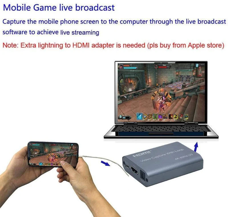 4K 60HZ USB 3.0 Loop Out Audio Video Capture Card 1080P 60fps HDMI Video Grabber Box für PS4 Spiel Kamera Recorder Live-Streaming