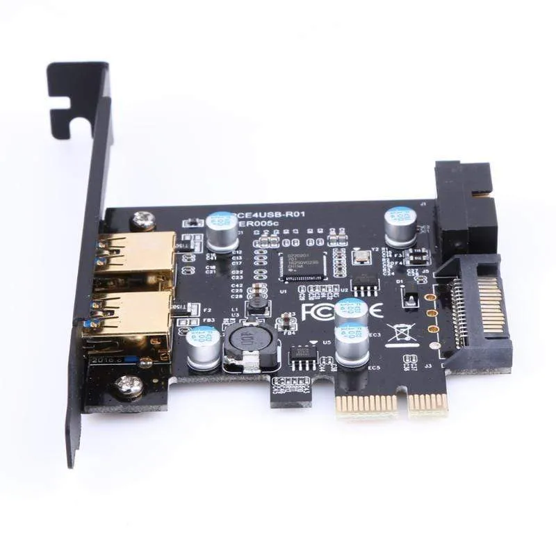 Superschnelles PCI-E zu USB 3.0 mit 2 USB-Anschlüssen. PCI-Express-Erweiterungskarte, 19-poliger Stromanschluss, unterstützt PCIE 1X, 4X, 8X, 16X