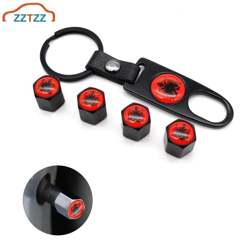 4 Stücke Zink-legierung Albanien flagge Auto Rad Reifen Ventilkappen Luft Abdeckung + 1 Stücke Leder Schnalle Schlüssel Auto Styling Zubehör