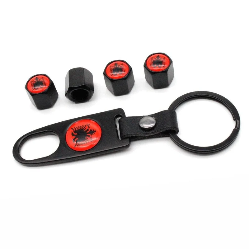 4 Stücke Zink-legierung Albanien flagge Auto Rad Reifen Ventilkappen Luft Abdeckung + 1 Stücke Leder Schnalle Schlüssel Auto Styling Zubehör