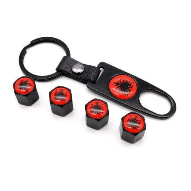 4 Stücke Zink-legierung Albanien flagge Auto Rad Reifen Ventilkappen Luft Abdeckung + 1 Stücke Leder Schnalle Schlüssel Auto Styling Zubehör