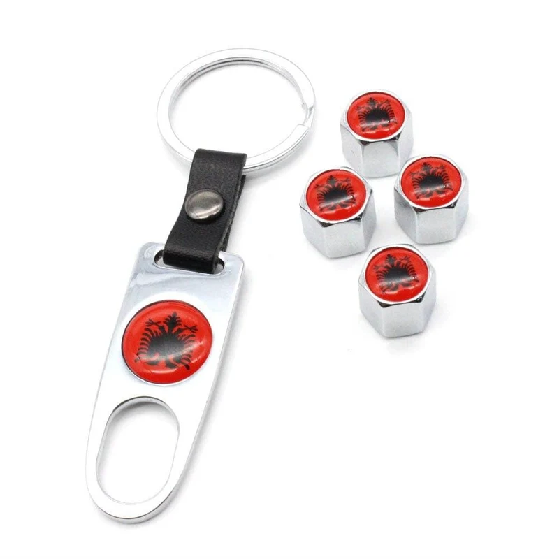 4 Stücke Zink-legierung Albanien flagge Auto Rad Reifen Ventilkappen Luft Abdeckung + 1 Stücke Leder Schnalle Schlüssel Auto Styling Zubehör
