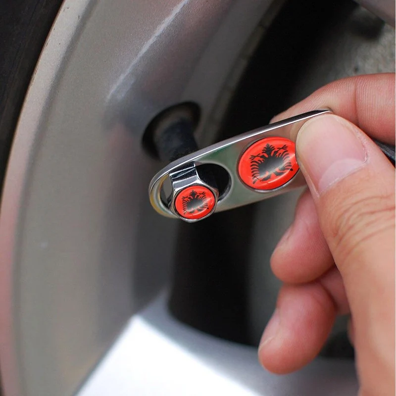 4 Stücke Zink-legierung Albanien flagge Auto Rad Reifen Ventilkappen Luft Abdeckung + 1 Stücke Leder Schnalle Schlüssel Auto Styling Zubehör