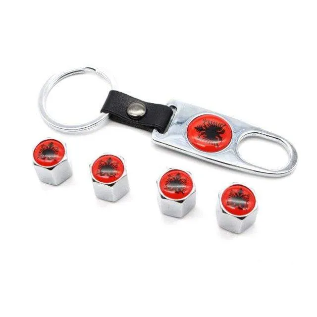 4 Stücke Zink-legierung Albanien flagge Auto Rad Reifen Ventilkappen Luft Abdeckung + 1 Stücke Leder Schnalle Schlüssel Auto Styling Zubehör