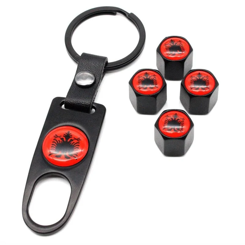4 Stücke Zink-legierung Albanien flagge Auto Rad Reifen Ventilkappen Luft Abdeckung + 1 Stücke Leder Schnalle Schlüssel Auto Styling Zubehör