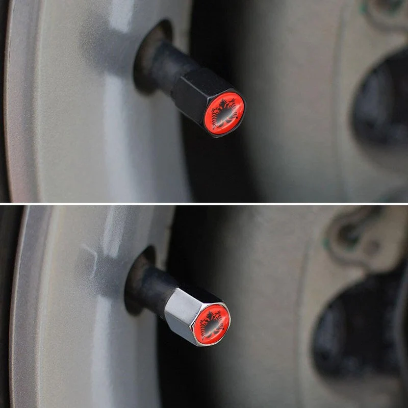 4 Stücke Zink-legierung Albanien flagge Auto Rad Reifen Ventilkappen Luft Abdeckung + 1 Stücke Leder Schnalle Schlüssel Auto Styling Zubehör