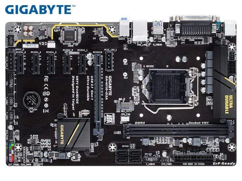 Verwendetes Original-Motherboard für GIGABYTE H110-D3A LGA 1151 DDR4 GA-H110-D3A 32 GB Desktop 6 PCIE Bergbau-Motherboard