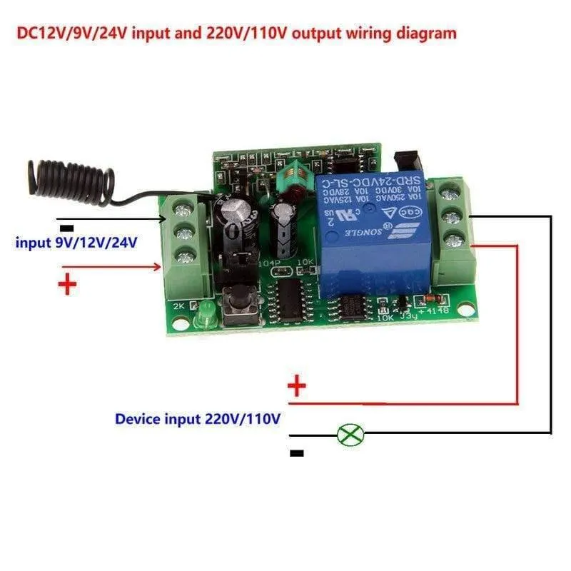 Drahtloser HF-Fernbedienungslichtschalter 10A Relaisausgang Radio DC 9V 12V 24V 1 CH Kanal 1CH Empfangsmodul + Sender