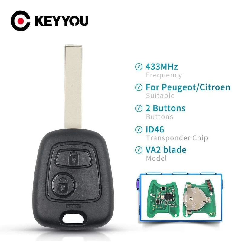 433 MHz Remote-Autoschlüssel schlüssellos 2 Tasten für Peugeot 307 Citroen C1 C3 Autoschlüssel VA2-Klinge mit ID46-Chip PCF7941-Schlüsselschale