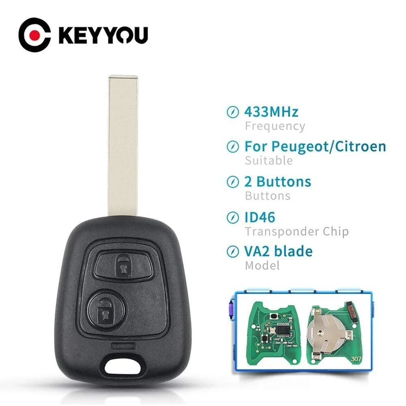 433 MHz Remote-Autoschlüssel schlüssellos 2 Tasten für Peugeot 307 Citroen C1 C3 Autoschlüssel VA2-Klinge mit ID46-Chip PCF7941-Schlüsselschale