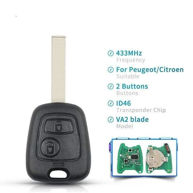 433 MHz Remote-Autoschlüssel schlüssellos 2 Tasten für Peugeot 307 Citroen C1 C3 Autoschlüssel VA2-Klinge mit ID46-Chip PCF7941-Schlüsselschale