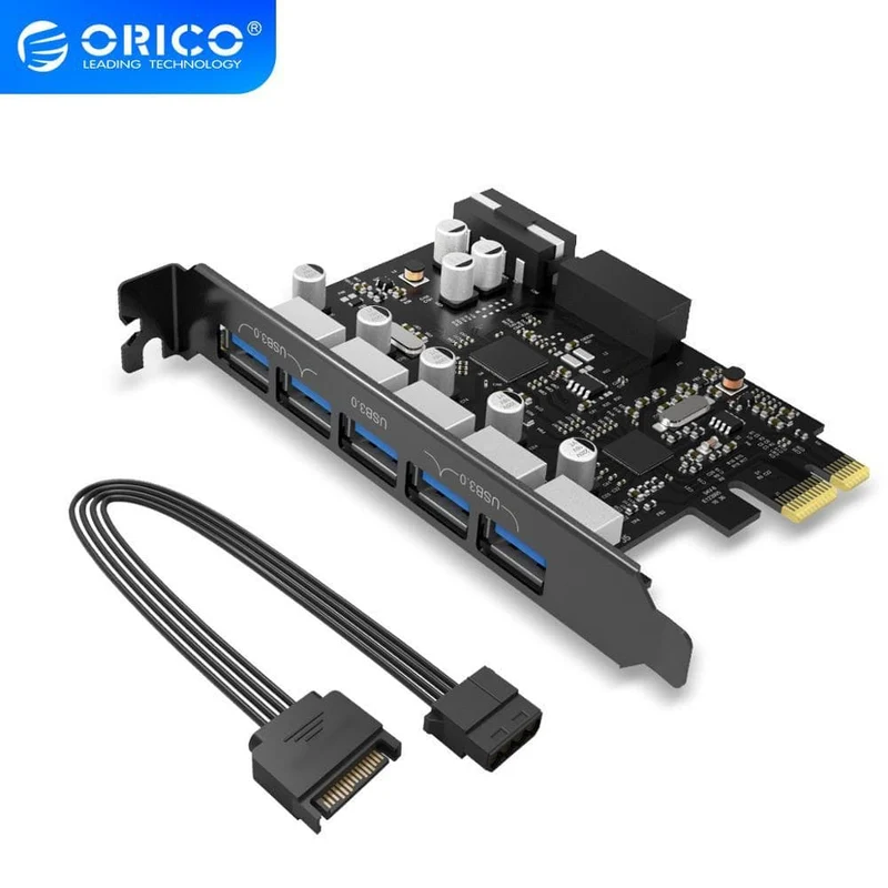 USB 3.0 PCI-E-Erweiterungskarte 5 Ports Hub-Adapter Externer Controller Express-Karte mit 4-poligem Stromanschlusskabel