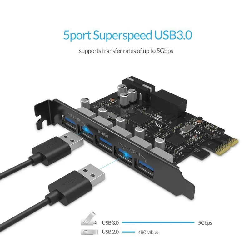USB 3.0 PCI-E-Erweiterungskarte 5 Ports Hub-Adapter Externer Controller Express-Karte mit 4-poligem Stromanschlusskabel
