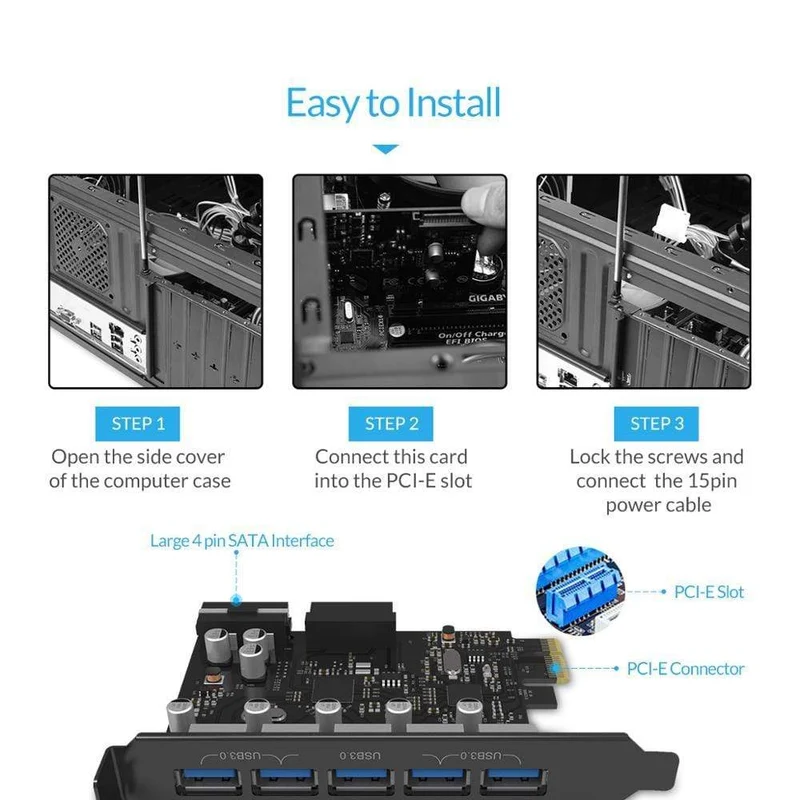 USB 3.0 PCI-E-Erweiterungskarte 5 Ports Hub-Adapter Externer Controller Express-Karte mit 4-poligem Stromanschlusskabel