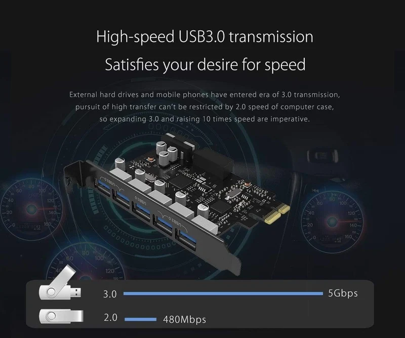 USB 3.0 PCI-E-Erweiterungskarte 5 Ports Hub-Adapter Externer Controller Express-Karte mit 4-poligem Stromanschlusskabel