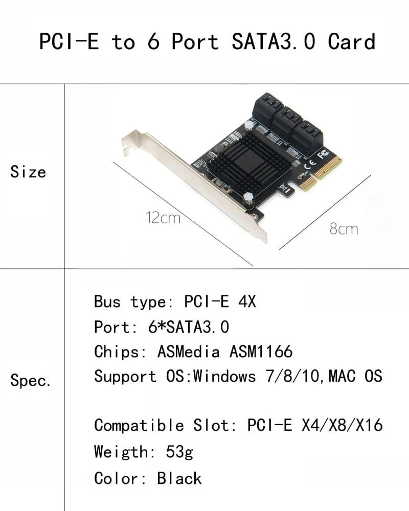 6-Port-SATA-3-PCI-Express-Erweiterungskarte PCI-E / PCIE-SATA-Controller SATA-Multiplikator SATA3 6-Gbit / s-ASMedia-ASM1166-Chip für HDD-SSD