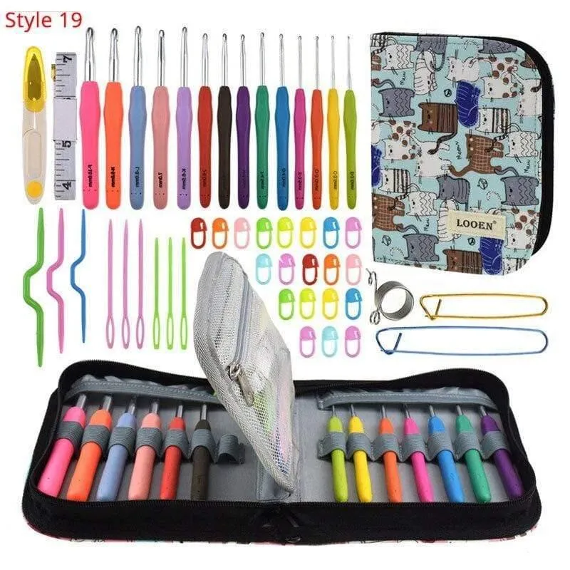 Häkelnadel-Set mit Etui, 35 Stile, Stricknadel-Set, DIY-Nadel, Kunsthandwerk, Schere, Maschenmarkierer, Nähwerkzeuge