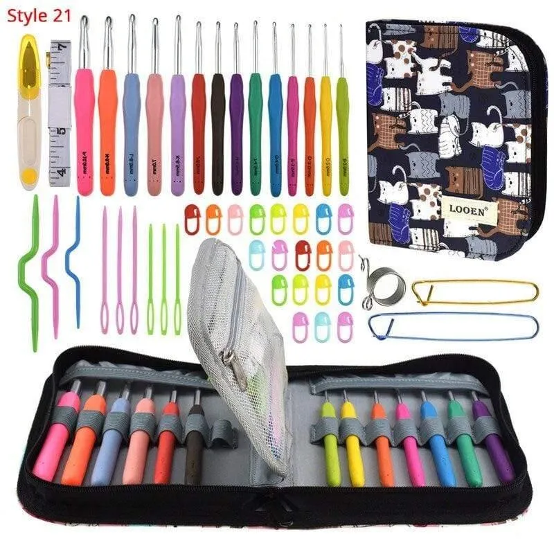 Häkelnadel-Set mit Etui, 35 Stile, Stricknadel-Set, DIY-Nadel, Kunsthandwerk, Schere, Maschenmarkierer, Nähwerkzeuge