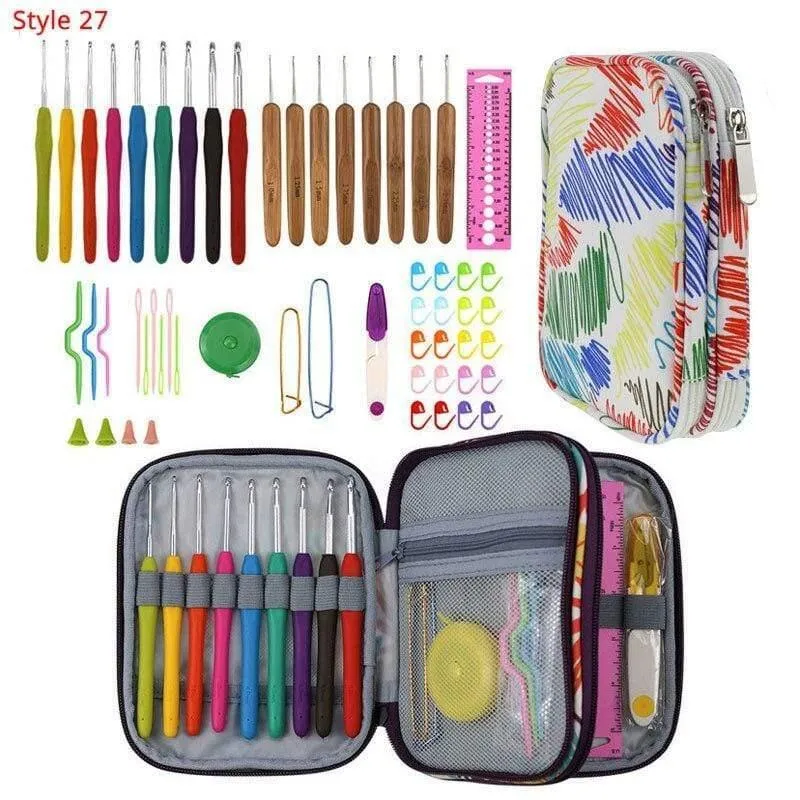 Häkelnadel-Set mit Etui, 35 Stile, Stricknadel-Set, DIY-Nadel, Kunsthandwerk, Schere, Maschenmarkierer, Nähwerkzeuge