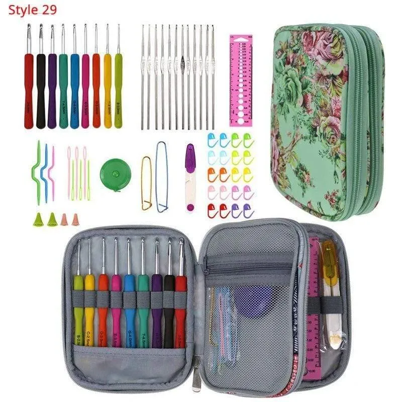 Häkelnadel-Set mit Etui, 35 Stile, Stricknadel-Set, DIY-Nadel, Kunsthandwerk, Schere, Maschenmarkierer, Nähwerkzeuge