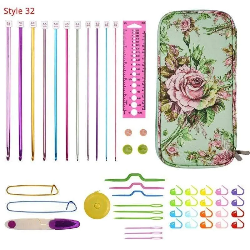 Häkelnadel-Set mit Etui, 35 Stile, Stricknadel-Set, DIY-Nadel, Kunsthandwerk, Schere, Maschenmarkierer, Nähwerkzeuge