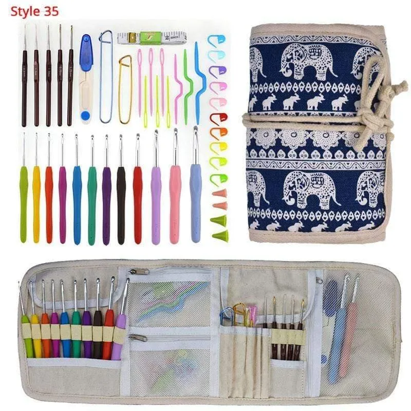 Häkelnadel-Set mit Etui, 35 Stile, Stricknadel-Set, DIY-Nadel, Kunsthandwerk, Schere, Maschenmarkierer, Nähwerkzeuge