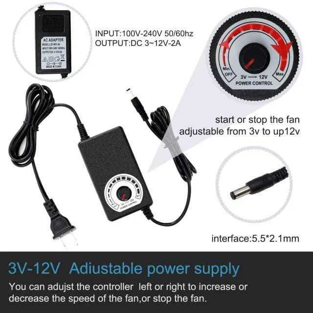120 mm x 25 mm 120 V 220 V AC-Stromversorgungskabel mit Geschwindigkeitsregler DC 3 V bis 12 V, für Router Receiver DVR Xbox 12 cm Lüfter