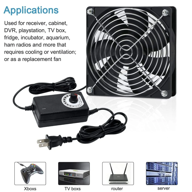 120 mm x 25 mm 120 V 220 V AC-Stromversorgungskabel mit Geschwindigkeitsregler DC 3 V bis 12 V, für Router Receiver DVR Xbox 12 cm Lüfter