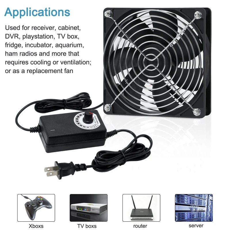 120 mm x 25 mm 120 V 220 V AC-Stromversorgungskabel mit Geschwindigkeitsregler DC 3 V bis 12 V, für Router Receiver DVR Xbox 12 cm Lüfter