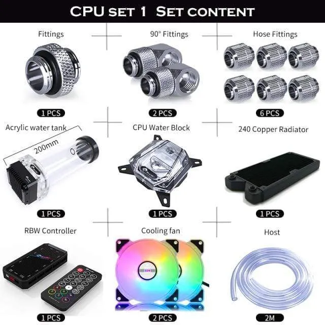 Split-Wasserkühlungs-Kit für PC, weicher Schlauch, CPU- und GPU-Kühlerschlauch-Set, Block + Pumpenbehälter + Kühler + Anschlussstück + Schlauch + Lüfter + Controller
