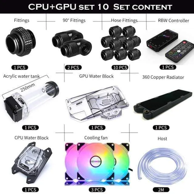 Split-Wasserkühlungs-Kit für PC, weicher Schlauch, CPU- und GPU-Kühlerschlauch-Set, Block + Pumpenbehälter + Kühler + Anschlussstück + Schlauch + Lüfter + Controller