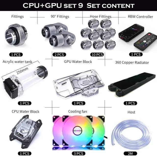 Split-Wasserkühlungs-Kit für PC, weicher Schlauch, CPU- und GPU-Kühlerschlauch-Set, Block + Pumpenbehälter + Kühler + Anschlussstück + Schlauch + Lüfter + Controller