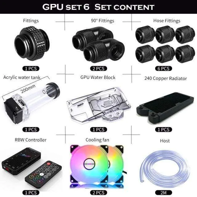 Split-Wasserkühlungs-Kit für PC, weicher Schlauch, CPU- und GPU-Kühlerschlauch-Set, Block + Pumpenbehälter + Kühler + Anschlussstück + Schlauch + Lüfter + Controller